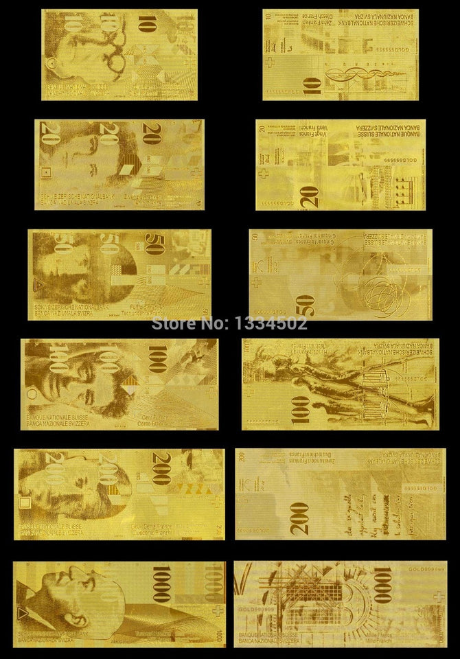 [HQ] Golden Replica Of Full Set Swiss Franc Golden Banknotes